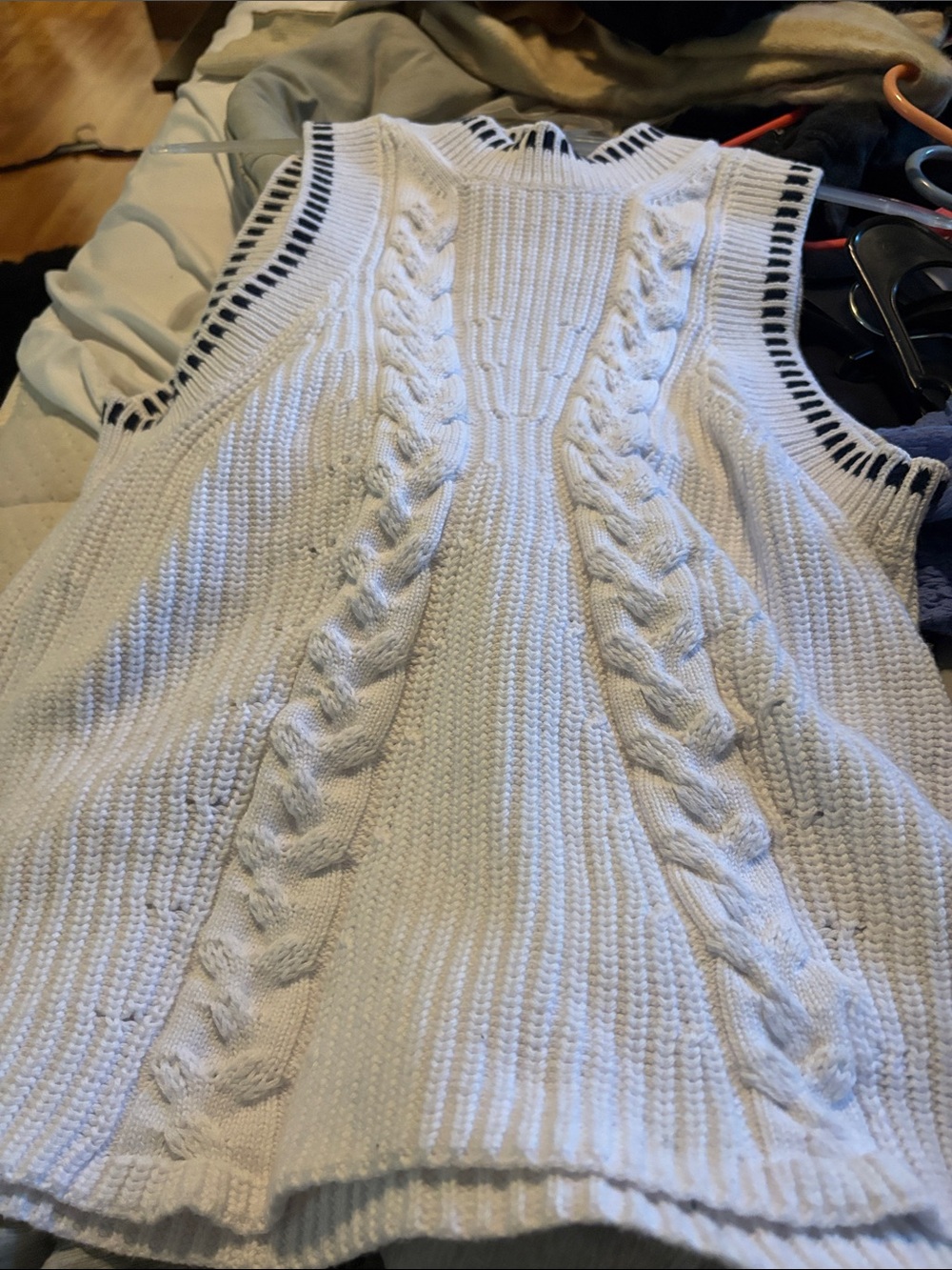 525 America White Cable Knit Sleeveless Crew Sweater